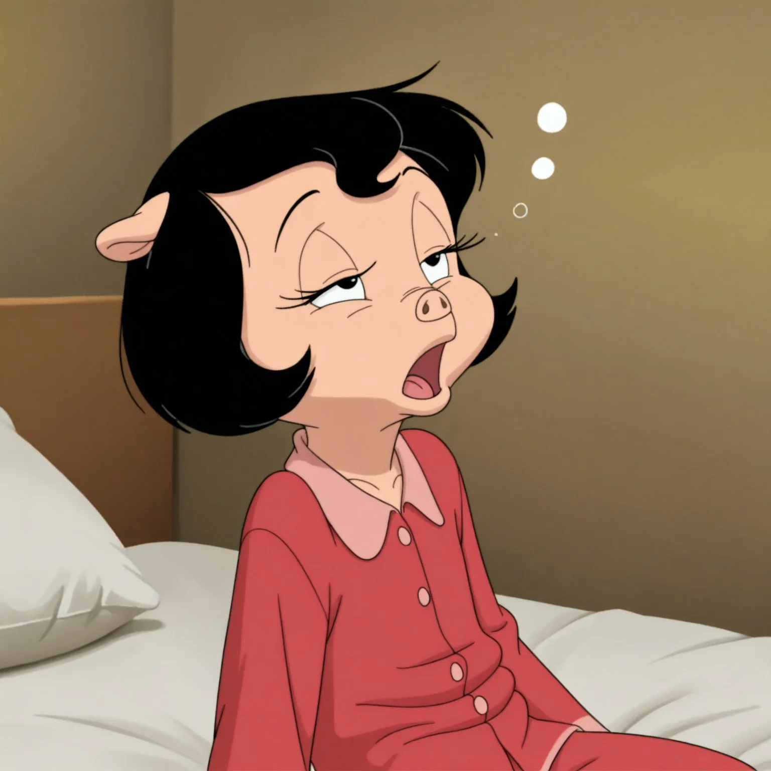 masterpiece, best quality, highly detailed, realistic, 1girl, solo, PetuniaLTM, furry, anthro, suine, flat chested, black eyes, black hair, short hair, tan skin, ((red pajamas)), tired, open mouth, sleepy, looking up, narrowed eyes, sitting, bedroom, bed, detailed background, upper body,