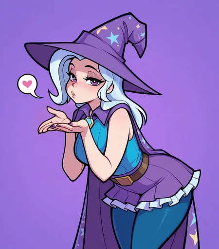 masterpiece, best quality, amazing quality, highres, absurdres, vibrant, 
1girl, adult, solo,
<lora:Trixie_Humanized_Illustrious:1> TrixieHuman, TrixHat, TrixCloak, white and light-blue hair, purple eyes, magician outfit, blue sleeveless dress, frilled skirt, high-waist belt, blue leggings, 
simple purple background, 
cowboy shot, horny, looking at viewer, pursed lips, blowing kiss to viewer, spoken heart, leaning forward, 
stunning attractive cute late-20s woman, wide hips, medium breasts, plump, 
intimate, romantic, seductive, sensual,
 <lora:necrodancerStyle_illustrious_byJaneB:1> necrodancerStyle