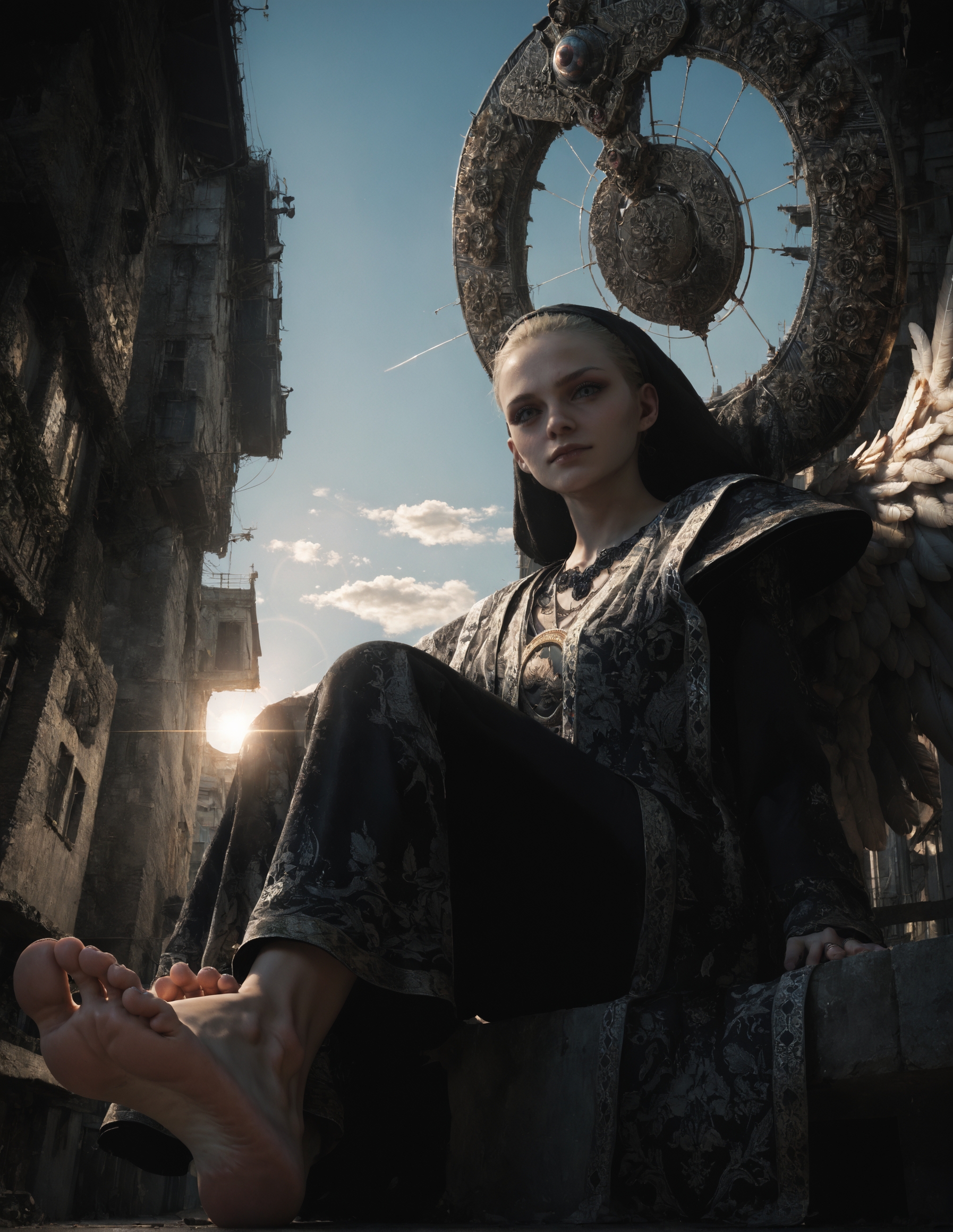 score_9, score_8_up, score_7_up,score_6_up,high resolution,source_anime,mrnd,1girl,street,blonde hair,long hair,black veil,black robe,mechanical halo,feathered wings,volumetric lighting,rim lighting,sunny,sun,day,dof,solo,close-up,from below,looking at viewer,barefoot,sitting,from below,soles,feet focus
