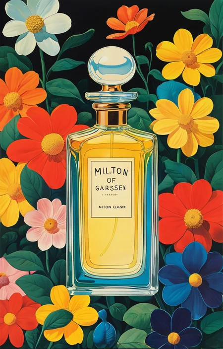 masterpiece,best quality,<lora:tbh368-sdxl:0.6>,illustration,style of Milton Glaser A bottle of perfume in garden