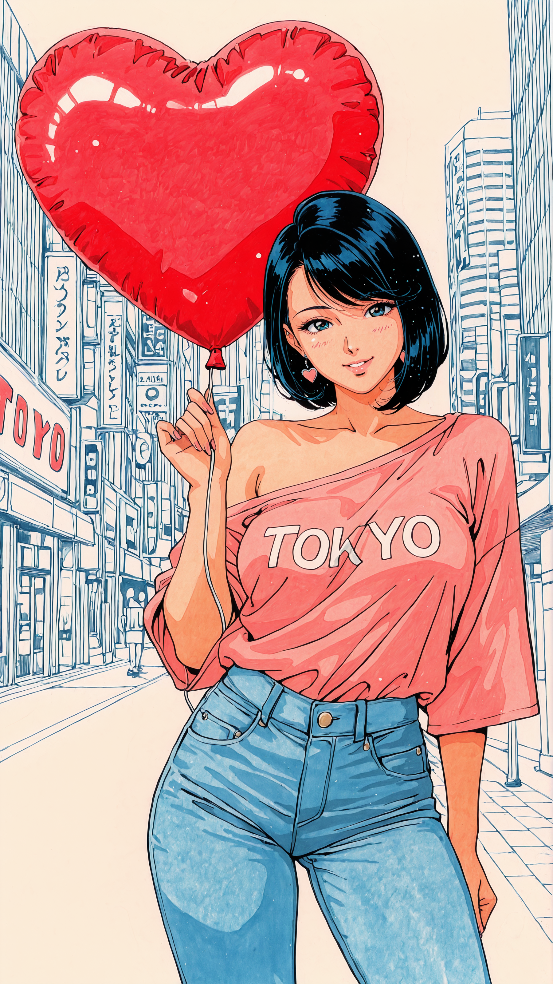 masterpiece, absurdres, (lineart:0.8), (pastel \(medium\):1.5), (retro artstyle:0.7), 
1girl, tokyo \(city\), holding a ballon, heart balloon, heart shaped balloon, jeans, loose off shoulder shirt,happy, swept bangs,