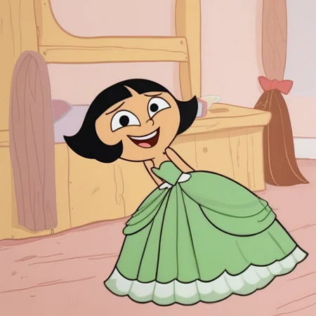 LeeLeeDL, 1girl, black hair, bob cut, blunt bangs, black eyes, Very long large straight tulle green princess ball gown hoop skirt, ball gown hoop skirt, green princess dress, hoopdress, my big princess gypsy wedding dress, ballgown, a girl in a dress posing like a princess for a picture, wearing a sleeveless ballgown, looking at viewer