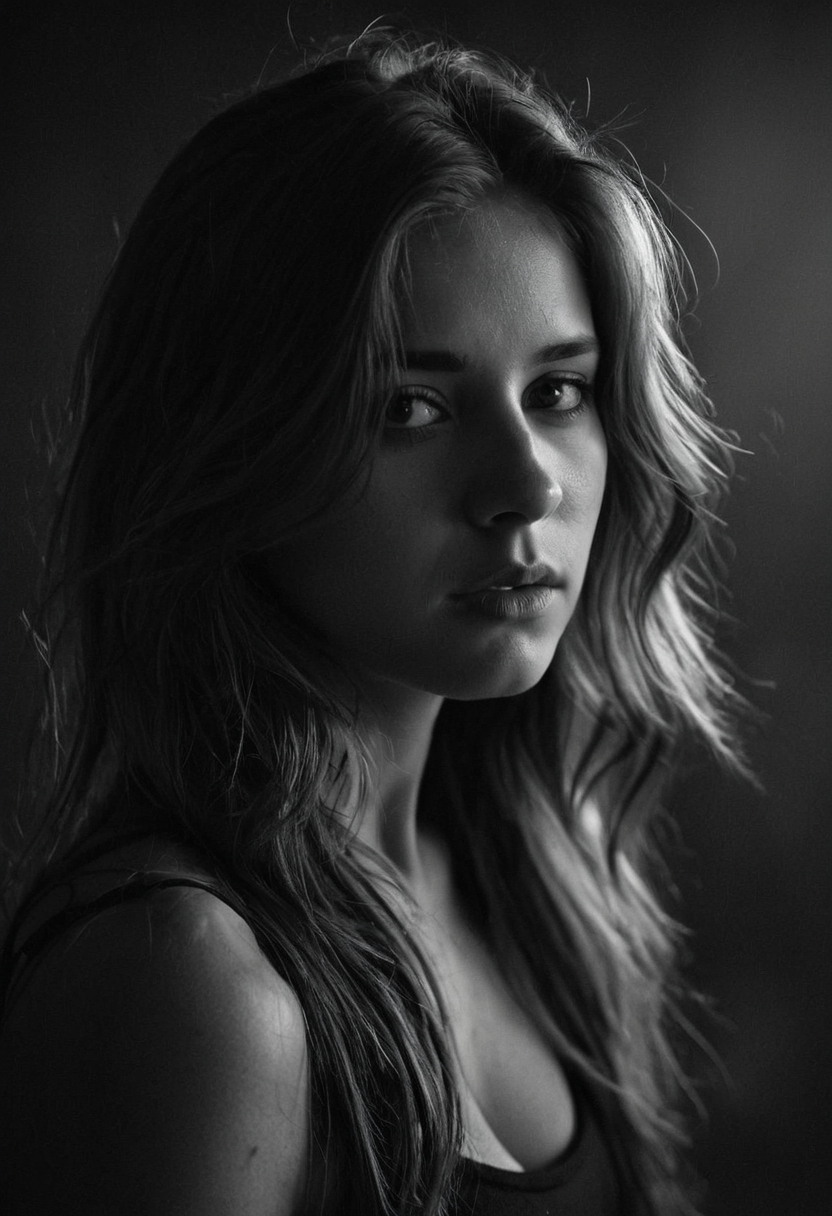 Black and white photo in the style of Alessio Albi, 20 year old beautiful stunning woman, dark blond hair falling down over her shoulders, highlights in her hair, closeup, cinematic composition, cinematic lighting  intense shadow play, bleak, post-apocalyptic, somber, dramatic, highly detailed, bokeh