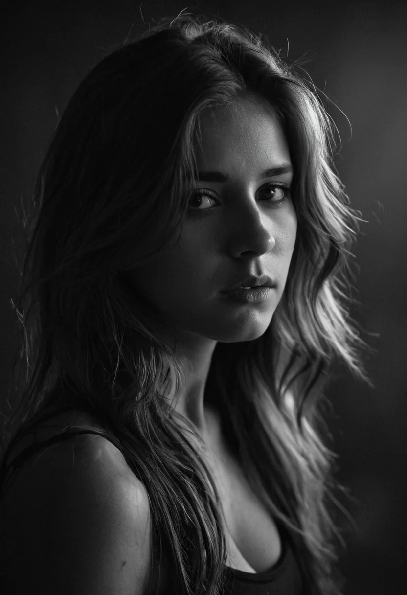 Black and white photo in the style of Alessio Albi, 20 year old beautiful stunning woman, dark blond hair falling down over her shoulders, highlights in her hair, closeup, cinematic composition, cinematic lighting intense shadow play, bleak, post-apocalyptic, somber, dramatic, highly detailed, bokeh