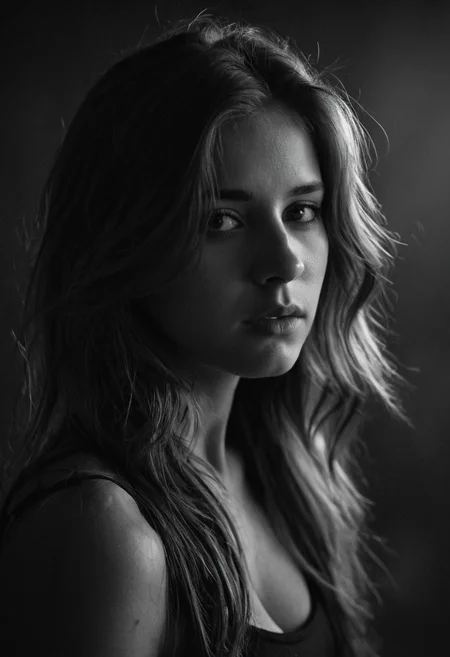 Black and white photo in the style of Alessio Albi, 20 year old beautiful stunning woman, dark blond hair falling down over her shoulders, highlights in her hair, closeup, cinematic composition, cinematic lighting  intense shadow play, bleak, post-apocalyptic, somber, dramatic, highly detailed, bokeh