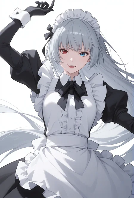 Smooth Quality,masterpiece,very intricate, high quality details, ultra realistic, high detailed skin,detailed enviorement,absurdres,
simple background, white background,solo,
dynamic angle,dancing, 
crazy smile,
 <lora:Valentine_CNR:0.8> valentine_cnr, 1girl, blue eyes, grey hair,red eyes,  heterochromia, blue eyes,very long hair,  
valentine_maid,black ribbon, bow, dress, frills, gloves, juliet sleeves, maid apron, maid headdress, puffy sleeves, ribbon,