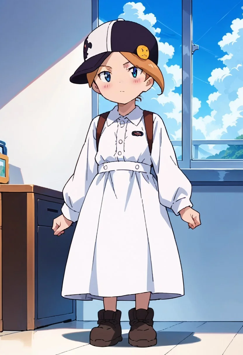 score_8, score_8_up, score_7_up, anime screenshot, source_anime, 1girl, female focus, solo, hat, sky, dress, looking at viewer, blush, indoors, full body, simple background, white background