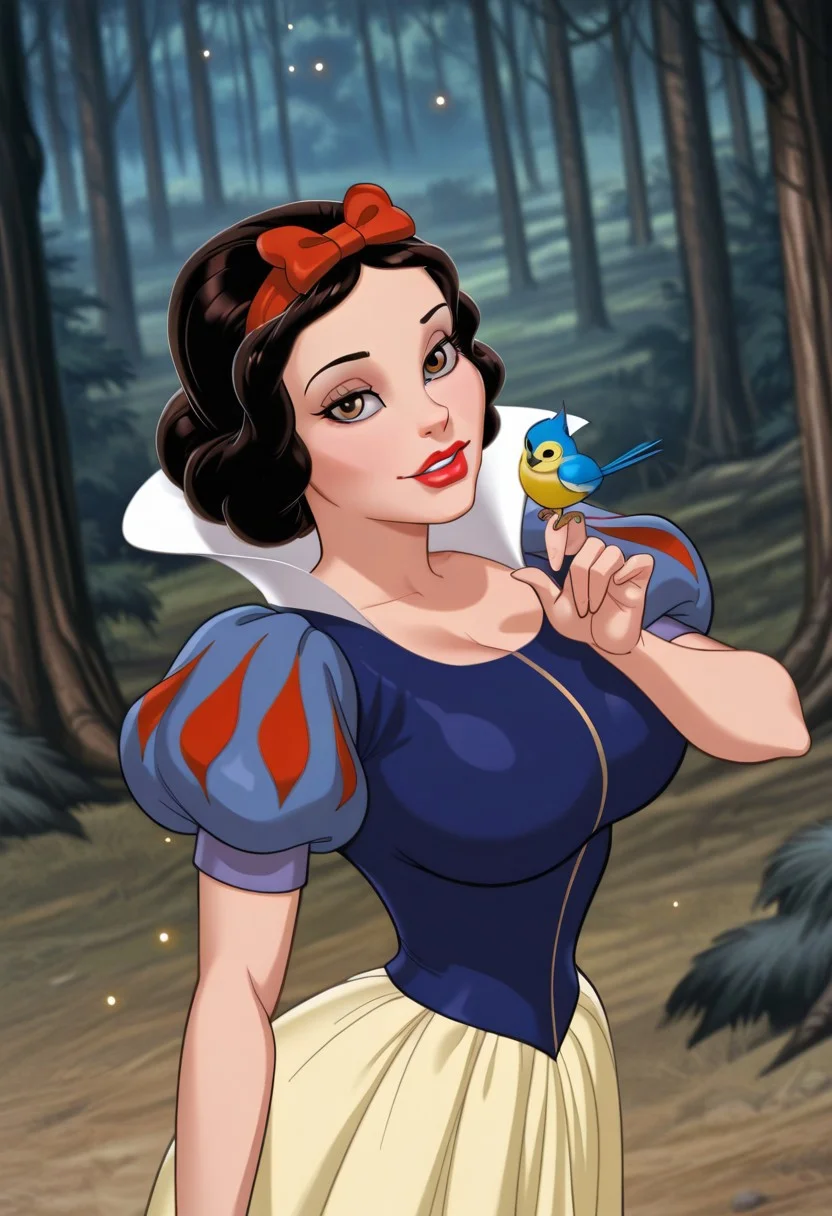 (official style:1.2), screencap, blurry background
1girl, big breasts, (SnowWhiteXL:1.1), black hair, brown hair, brown eyes, hair bow, hair band, blue dress, puffy short sleeves, yellow skirt,,makeup, red lips, parted lips,
light smile, dutch angle, naughty pose, happy, , looking at viewer, outdoors, forest, tree forest, portrait, dynamic pose, cowboy shot, bird on finger, one hand up, one hands at side, head tilt, light particles, from above, from side,
<lora:SnowWhite-IL:1>, sxy5tyle,