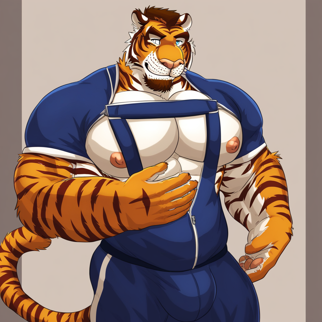 Muscular male, furry, fully dressed, tiger