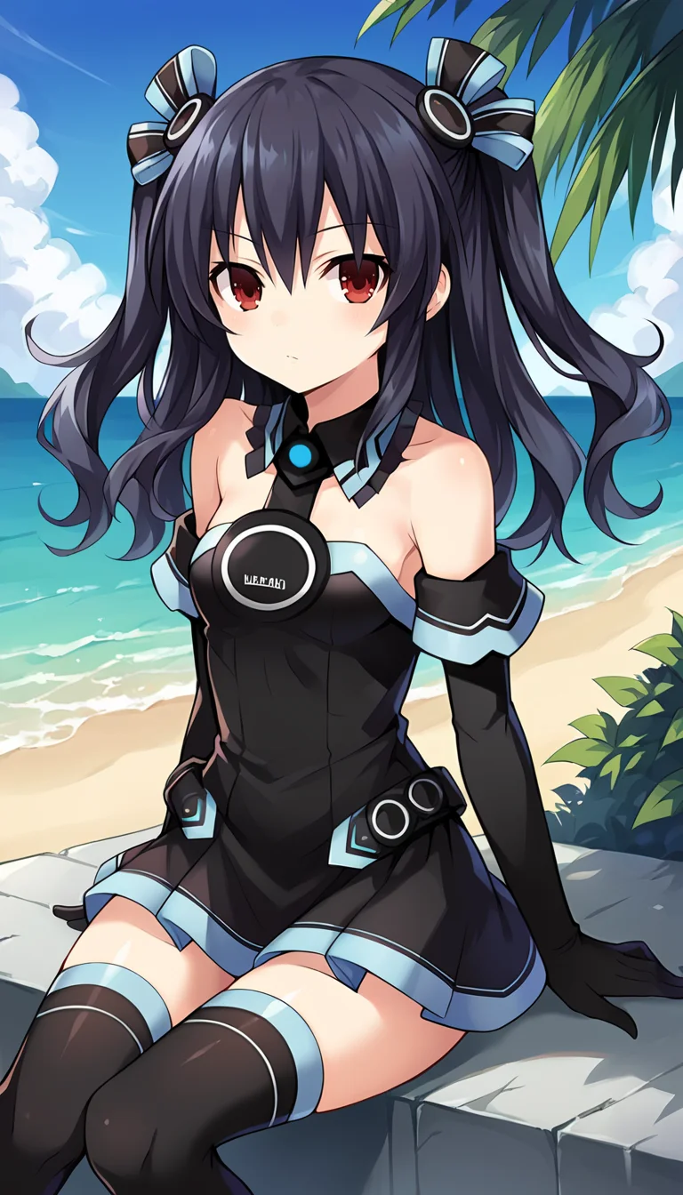 score_9, score_8_up, score_7_up, source_anime, 1girl, solo, black hair, red eyes, medium hair, two side up, hair ribbon, small breasts, elbow gloves, long slevees, black dress, short dress, collar, bare shoulders, thighhighs, sitting, outdoors, sunny, sky, beach, looking at viewer, cowboy shot, <lora:Uni_Neptunia_PonyXL:0.8>, Uni \(neptunia)\