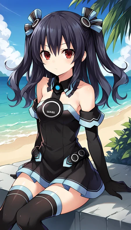 score_9, score_8_up, score_7_up, source_anime, 1girl, solo, black hair, red eyes, medium hair, two side up, hair ribbon, small breasts, elbow gloves, long slevees, black dress, short dress, collar, bare shoulders, thighhighs, sitting, outdoors, sunny, sky, beach, looking at viewer, cowboy shot, <lora:Uni_Neptunia_PonyXL:0.8>, Uni \(neptunia)\