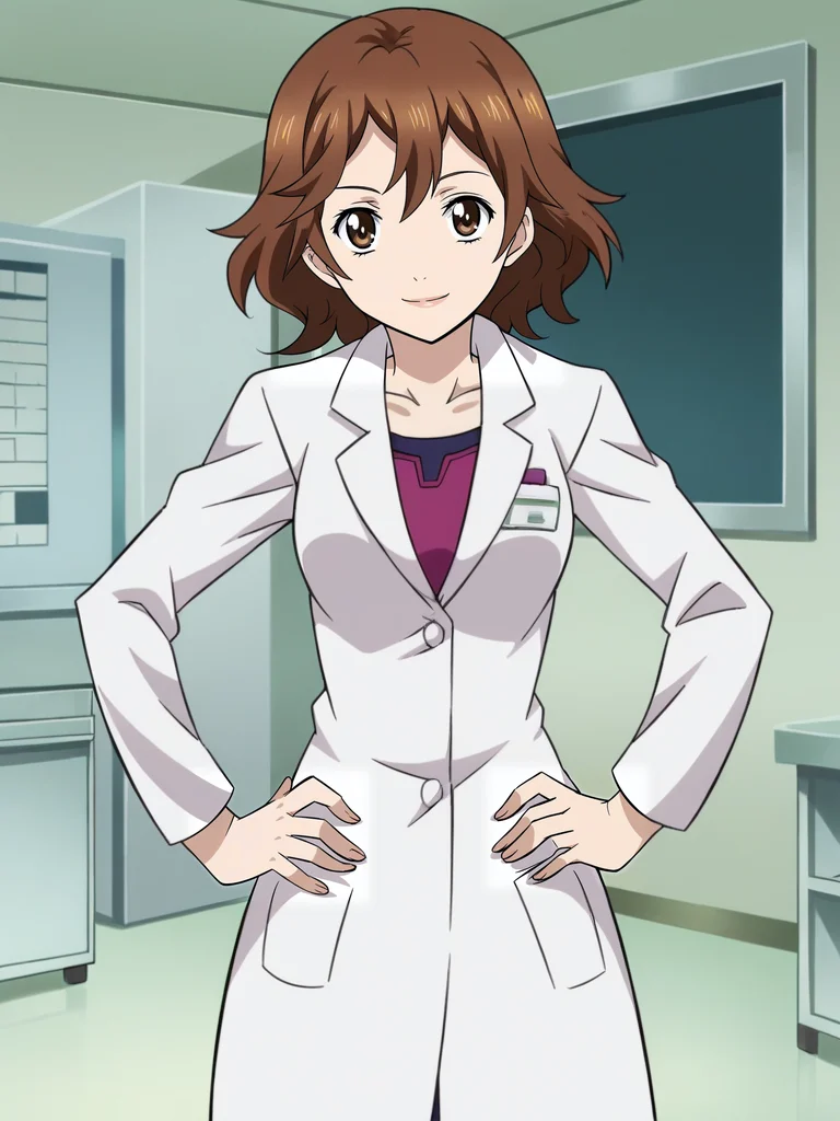 <lora:Haruka_Ouma-Guilty_Crown:1>,haruka,1girl,brown hair,brown eyes,short hair,shirt,skirt,lab coat,hands on own hips,looking at viewer,indoors,smile