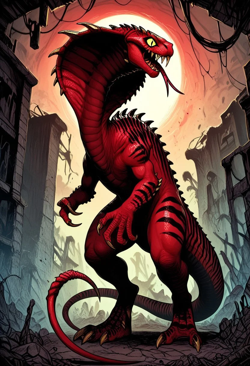 DonMC0m1cM4g1cXL, (dark, fantasy, magical, eerie) score_9, score_8_up, score_7_up, score_6_up, Vertigo_Primal, cobra, dinosaur, monster, colored sclera, reptile eyes, yellow eyes, red skin, black stripes, stinger tail, spikes, claws, fangs, forked tongue, gigantic monster, , size difference, BREAK, small human, BREAK, backgroung, plain, ruins
