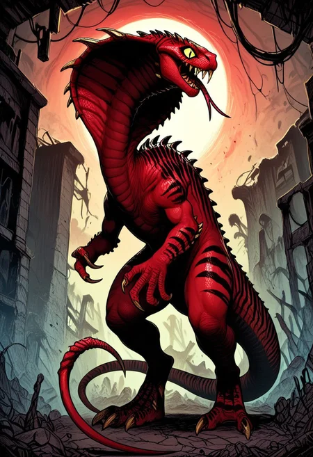 DonMC0m1cM4g1cXL, (dark, fantasy, magical, eerie) score_9, score_8_up, score_7_up, score_6_up, Vertigo_Primal, cobra, dinosaur, monster, colored sclera, reptile eyes, yellow eyes, red skin, black stripes, stinger tail, spikes, claws, fangs, forked tongue, gigantic monster, , size difference, BREAK, small human, BREAK, backgroung, plain, ruins