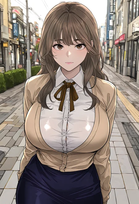 masterpiece, best quality, amazing quality, very aesthetic, absurdres, newest, scenery, 1girl, solo, huge breasts, <lora:Yang Soha illustxl:0.9> brown hair, long hair, brown eyes, bangs, thick eyebrows, (pink lips:0.9), school uniform, neck ribbon, brown ribbon, brown cardigan, long sleeves, white shirt, collared shirt, blue skirt, pencil skirt, street, sidewalk, outside, standing, looking at viewer, shiny skin, masterpiece, best quality, amazing quality, very aesthetic, absurdres, newest, scenery, volumetric lighting