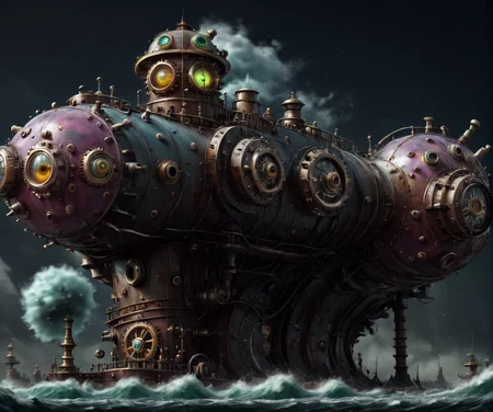 Steampunk battleship, large tidal wave, 10k ultra resolution, Science Fiction, weapon, <lora:drkkaw_epoch_10:0.8>
