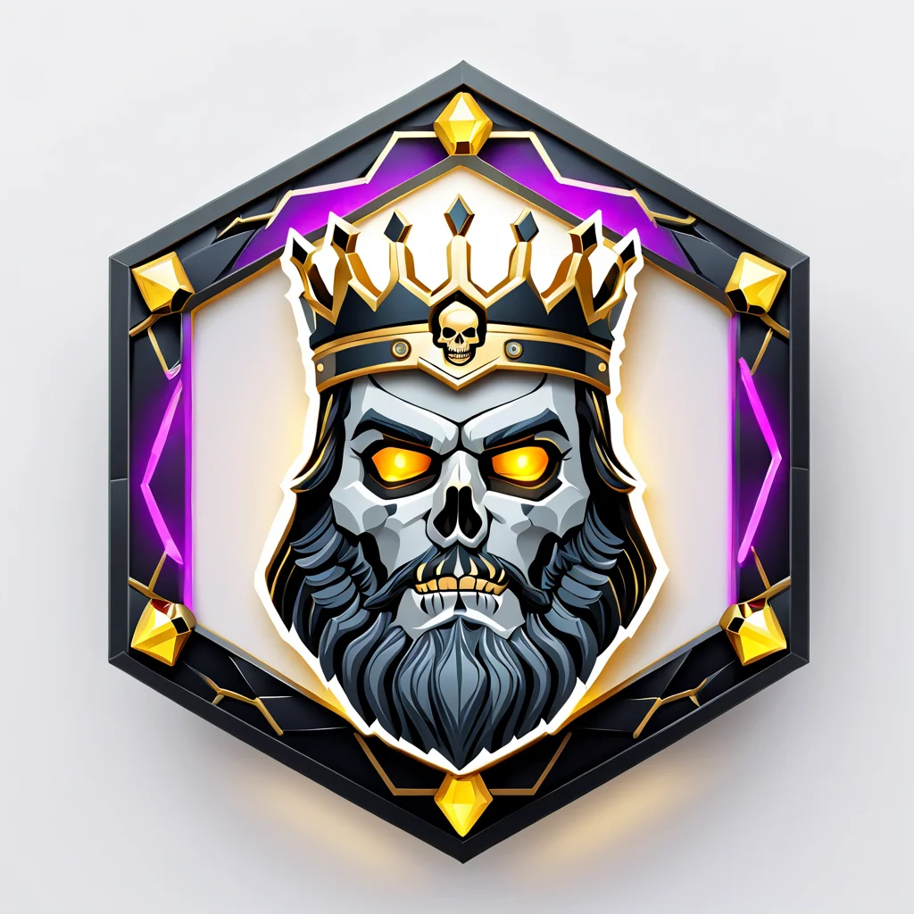 a hexagon with a skull king, vector, <lora:badgemkrsdxl:0.9>, best quality, badgemkrsdxl, white background, 2.5d, glowing eyes, fantasy, jewels,