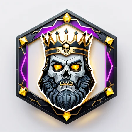a hexagon with a skull king, vector,  <lora:badgemkrsdxl:0.9>, best quality, badgemkrsdxl, white background, 2.5d, glowing eyes, fantasy, jewels,