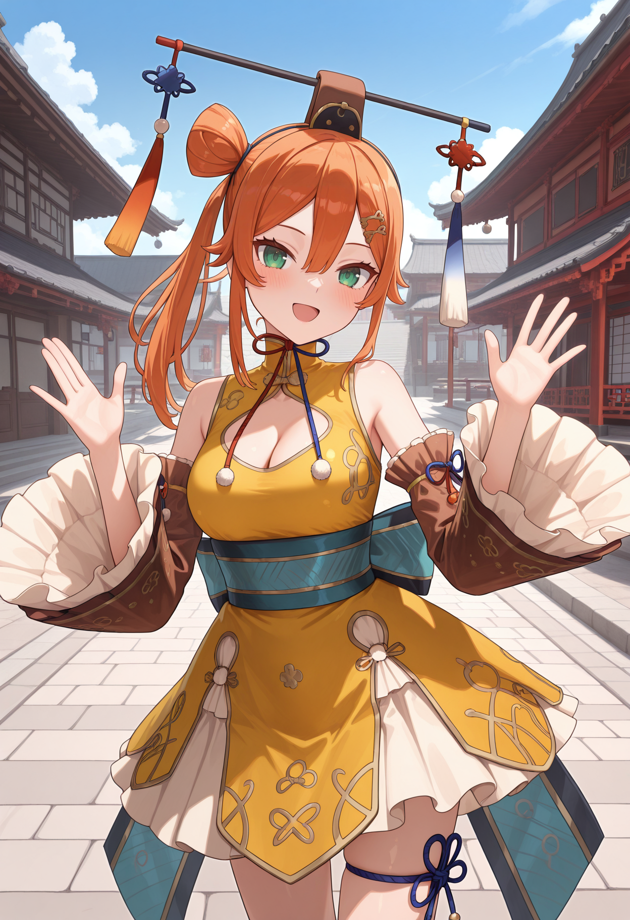 highres, best quality, masterpiece, outdoors,
1girl, solo, as2piri, orange hair, side ponytail, single hair bun, hair between eyes, green eyes,
dalachi \(headdress\), endless knot, yellow dress, china dress, bare shoulders, clothing cutout, cleavage, aqua sash, back bow, detached sleeves, wide sleeves, brown sleeves, frilled sleeves, thigh ribbbon, 
looking at viewer, blush, smile, open mouth, 
standing, hands up,
<lora:_pirika_sophie2-elesico-ilxl:1>