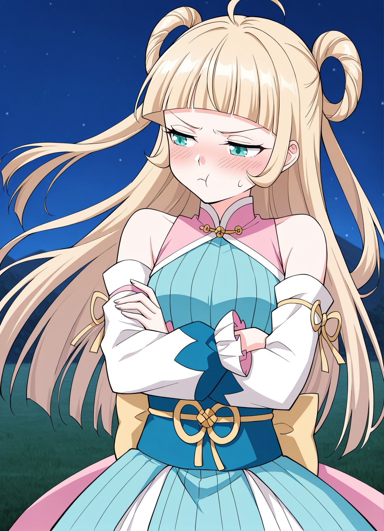 <lora:Mu_Qing_Luan__Battle_Through_the_Heavens__Illustrious:1>
1girl, solo, blonde hair, twin buns, long hair, ahoge, blunt bangs, teal eyes, anime style, 
blue and pink outfit, oriental dress, short dress, frilled skirt, pink sash, golden bow, detached sleeves, long sleeves, blue boots, big cuffs, ribbon details, open shoulders, 
score_9, score_8_up, score_7_up, very aesthetic, source_anime, detailed, high quality, beautiful, masterpiece, detailed eyes, field, blurry background, pose dynamic angle, upper body, cowboy shot, floating hair, half-closed eyes, arms crossed, looking to the side, pouting, sulking, embarrassed, night