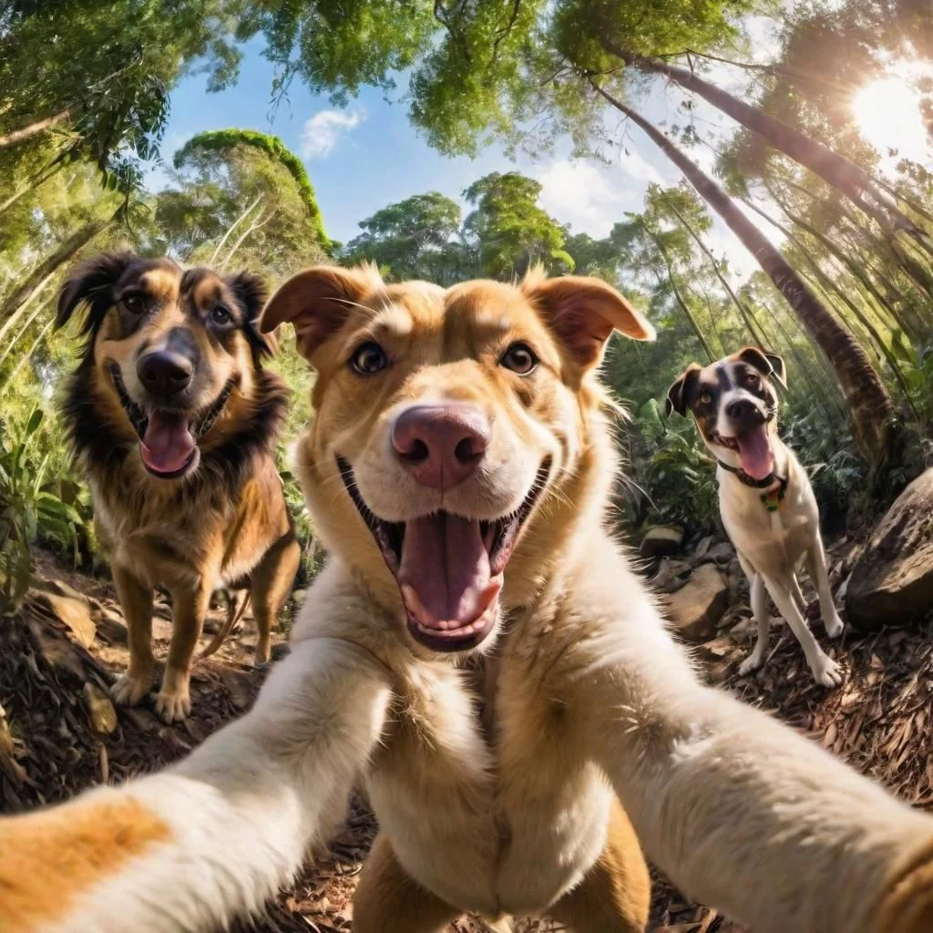 dogs smiling taking a selfie with a super wide angle lenses. happy vibes. jungle backdrop. warm lighting.