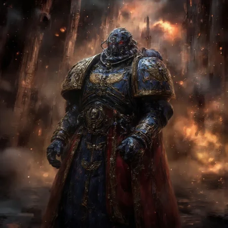 A loyal space marine(ultra marine) in a blue armor is fighting a disfigured chaos space marine of khorne in a evil looking red armor(disfigured, horror,) full view of both, background is a large battlefield with explosions with a dark and grim atmosphere, in the sky there is a red gloomy red moon