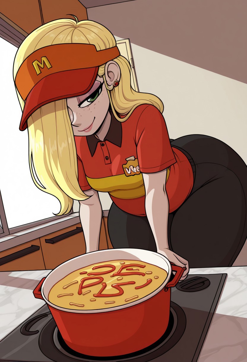 billieburgerkurger,  masterpiece, best quality, newest, absurdres, highres,  amazing quality, 4k, good lighting,  high resolution,   dynamic angle, foreshortening, eyes half closed, seductive smile,    1girl, solo, blonde hair, long hair, hair over one eye, green eyes, jewelry, freckles, makeup,   earrings, plump, thick , fast food worker, visor, black pants, fast food uniform, kitchen cooking, pointy nose, pink lipgloss,