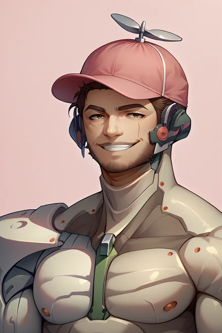 source_anime, score_9, score_8_up, male focus, solo, <lora:NSHappyCap:1> NSHappyCap, wearing NSHappyCap, pink cap, <lora:JetstreamSam_XLPD:1> JetstreamSam, cyborg, bodysuit, headgear, beard, wide smile, pink background, flower pattern