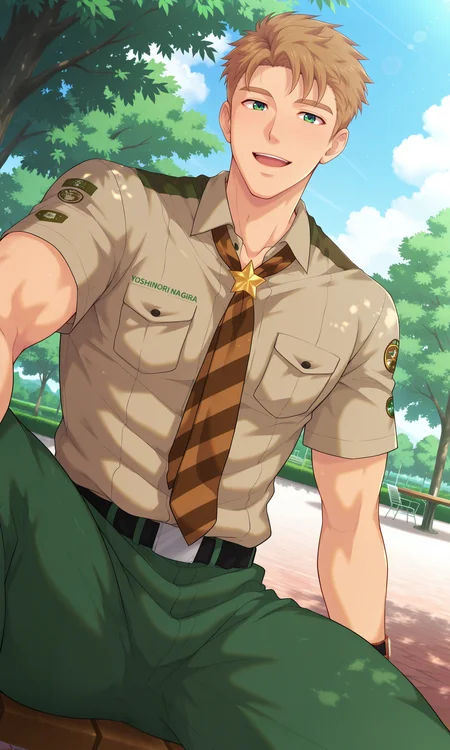 1boy, male focus, Yoshinori, solo, looking at viewer, brown hair, green eyes, brown-grey shirt, short sleeves, badge, wristwatch, green pants, black belt, brown stripped necktie, star on necktie, open mouth, smile, shaded, sitting, outdoors, park, (masterpiece:1.35), (very aesthetic, best quality:1.3), detailed shading, detailed skin, realistic shading, highly detailed, intricate details, masterful composition, cinematic lighting, close-up, <lora:Yoshinori_XL_V10_ILL:1.1>