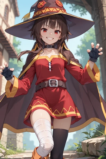 score_9, score_8_up, score_7_up, high detailed, best quality, extremely detailed, high detailed, (atmospheric perspective), blurry background, uncensored
1girl, solo, brown hair, red eyes, outdoors, small breasts, lips, nature, standing, day, bangs, medium hair, slim, slender,
BREAK
Megumin,hat,witch hat,brown hair,short hair,bangs,short hair with long locks,red eyes,collar,choker,cape,black cape,dress,red dress,long sleeves,gloves,black gloves,fingerless gloves,belt,thighhighs,black thighhighs,bandages,bandaged leg,asymmetrical legwear,boots,
<lora:Fant5yP0ny:0.4> <lora:Megumin_Illustrious:0.5> <lora:lora:0.5>
looking at viewer, smile, dynamic pose, facing at viewer, head tilt, open stance, evil grin, claw pose, dutch angle, from below