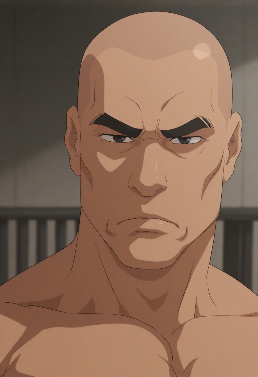 zahezahe, solo, looking at viewer, 1boy, closed mouth, male focus, outdoors, blurry, black eyes, blurry background, frown, thick eyebrows, muscular male, serious, railing, bald, animification, anime coloring, indoors, meme, scene reference