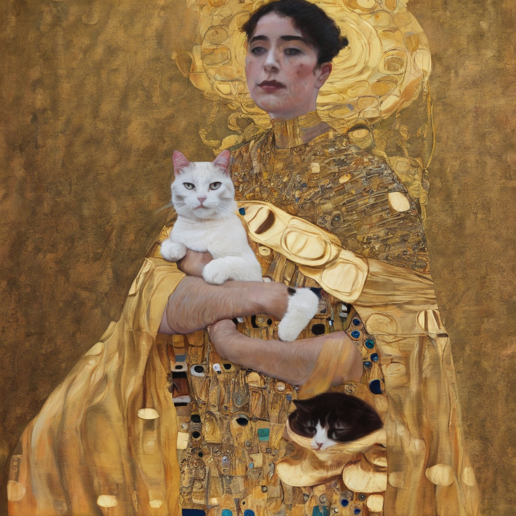 <lora:kl1m:1.5>kl1m k1s5 man holds cat draped in a golden cape with intricate patterns