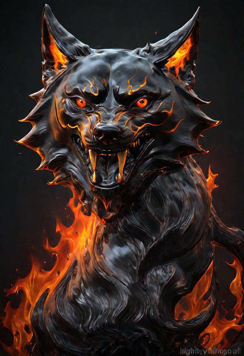 (masterpiece))
a wolf head,
HDR, hyper realistic, 
Black goo,
godly auburn light, flames,