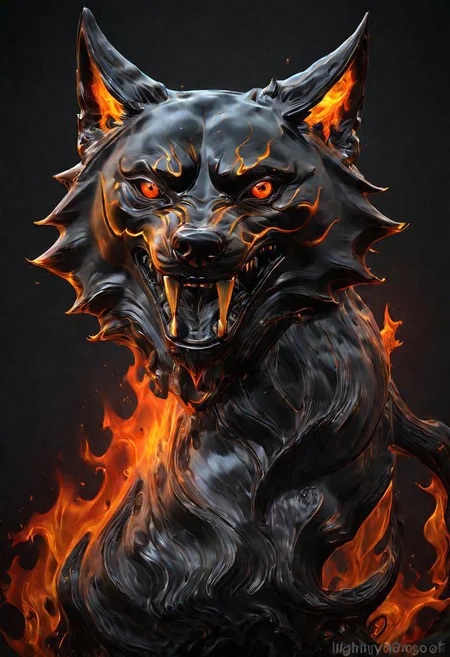 (masterpiece))
a wolf head,
HDR, hyper realistic,
Black goo,
godly auburn light, flames,