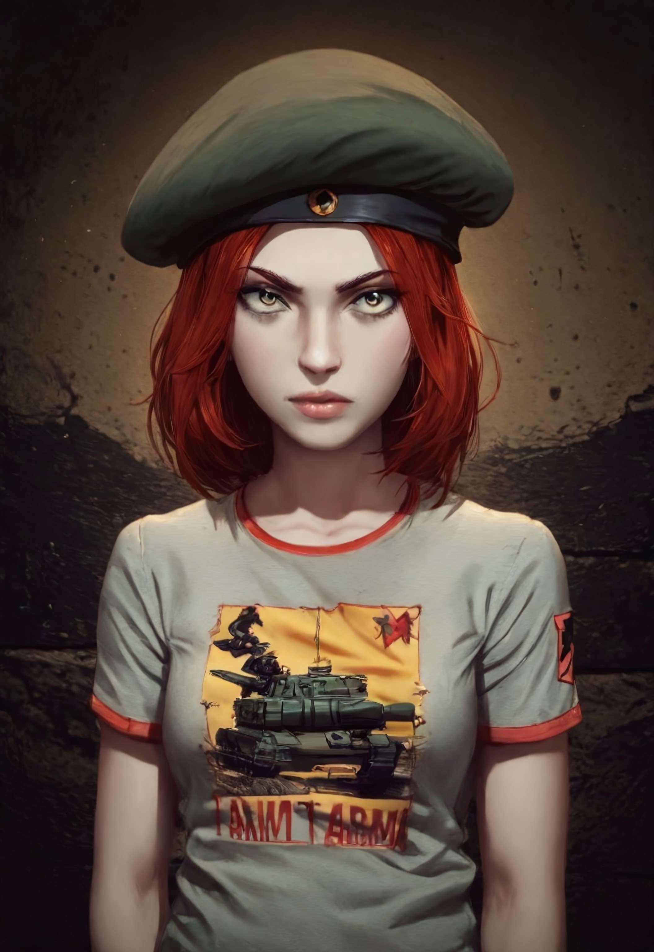 Masterpiece, 1girl, absurdres, Damsel, Baret, band t-shirt, solo, dark bar background, looking at viewer,