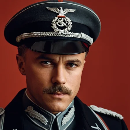 cinematic film still of <lora:detailed:0.2>
<lora:perfection style:0.2>
<lora:Ron Fricke style:0.1>
<lora:Inglourious Basterds film style:0.9>
Christoph Waltz as Col. Hans Landa a German man in a German military uniform holding a gun,solo,looking at viewer,long sleeves,1boy,hat,holding,closed mouth,weapon,male focus,belt,holding weapon,uniform,coat,gun,military,black headwear,military uniform,holding gun,peaked cap,red background,handgun,black coat,military hat,realistic,manly,soviet , 1940's, Inglourious Basterds film style, Waffenrock, shallow depth of field, vignette, highly detailed, high budget, bokeh, cinemascope, moody, epic, gorgeous, film grain, grainy