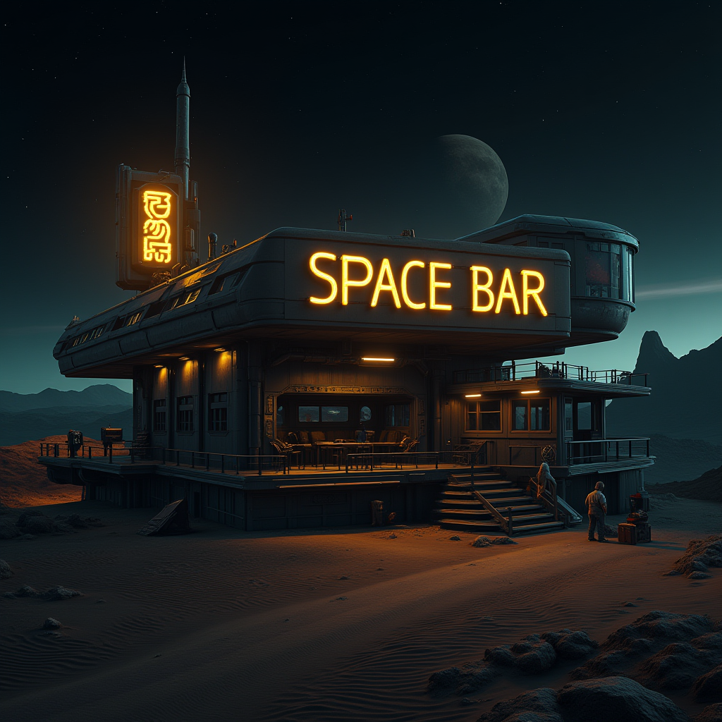 The futuristic bar building located on a distant planet. The yellow neon sign reads "SPACE BAR".
<lora:Sci-fi_env_flux:0.5>