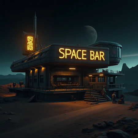 The futuristic bar building located on a distant planet. The yellow neon sign reads "SPACE BAR".
<lora:Sci-fi_env_flux:0.5>