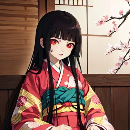 enma_ai 1girl, solo, hair down, hair black, bangs hair, eyes red, kimono, underlayer kimono, ornamental hairpun, obi sas, night, village, (masterpiece) 1girl, (8k, RAW photo, best quality, ultra high res, photorealistic, ultra-detailed), ninym ralei, temple, heavenly light, beautiful windows, 20s <lora:ninym1:1>