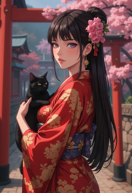 8K, depth of field, focused subject, dynamic angle, sexy pose, best quality, detailed eyes, perfect eyes, realistic eyes, intricate linework with expressive contrasts, soft lighting with dynamic highlights, image of a Japanese woman in a silk red and gold kimono, long bioluminescent hair, bangs, sakura flower in her hair, cleavage, holding a black cat, outdoors next to a tori gate, turning her head to look back at the viewer