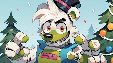 <lora:saucebear_ponyxl-10v1.2:1.7> score_9_up, score_8_up, score_7_up, source_furry, source_cartoon, outside, saucebear, bear ears, large canines, perfect canines, sabertooth, deep blue mini top hat, orange eyes, detailed eyes, green phalanges, four fingers, (((four fingers))), greenish-white body:1.2, (green color front, gray neck, metallic neck:1.5), wearing blue vest, loose vest, thin neck, solo, (looking at viewer), perfect body, detailed hands, toony hands, toony body, toony head, zPDXL2, detailed hat, male focus, nice background, (flat chest), fluffy head:0.8, BREAK, winter scene, christmas tree, christmas scene
<lora:big_eyes_v1:1.0> <lora:zy_Detailed_Backgrounds_v1:0.3>