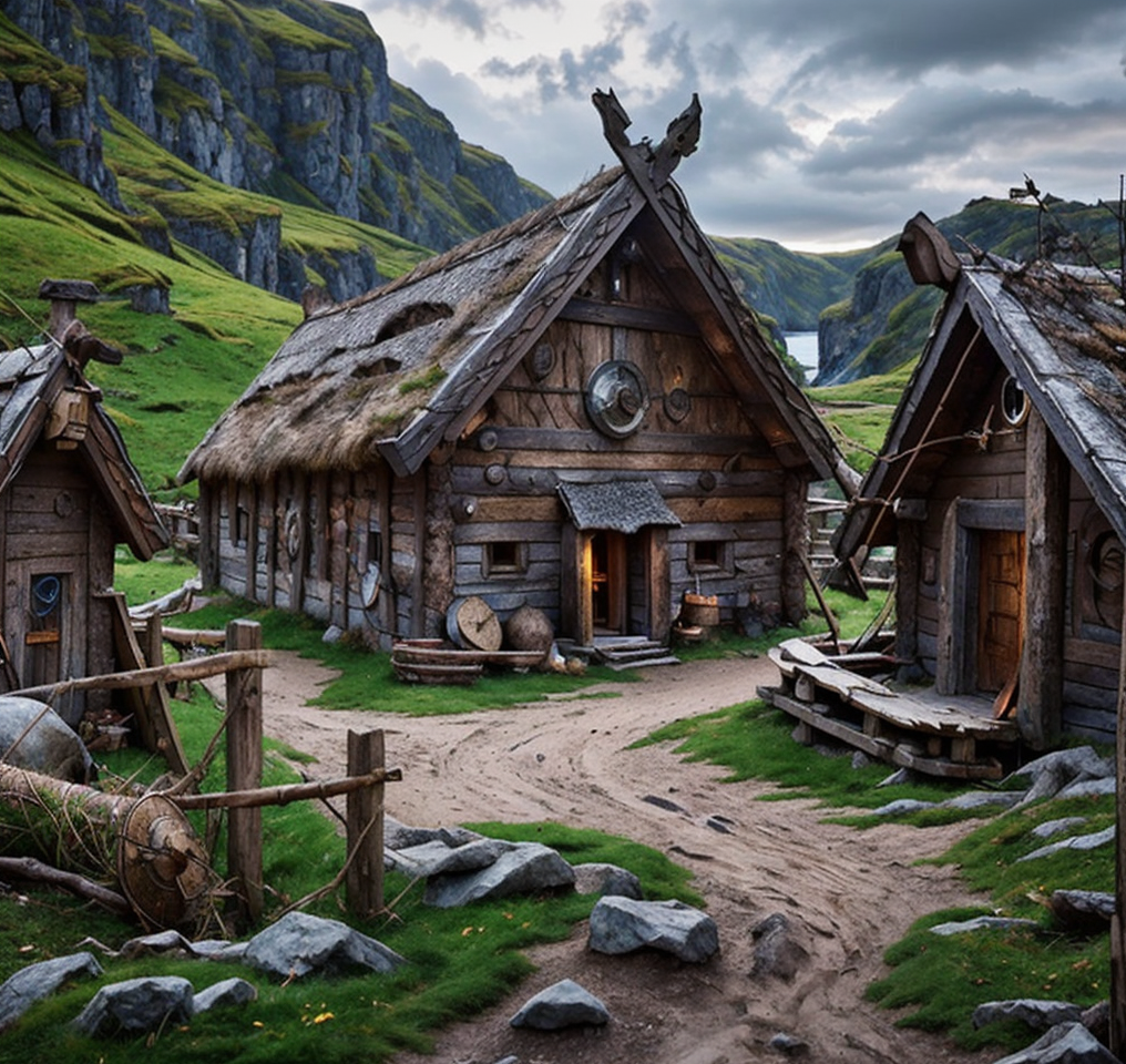 RAW photo, (masterpiece:1.3), subsurface scattering, heavy shadow, (high quality:1.4), (intricate, high detail:1.2), professional photography, HDR, High Dynamic Range, realistic, ultra realistic, photorealistic, high resolution, film photography, ambient lighting, atmospheric effects, <lora:detail_slider_v4:2>, OverallDetail, medieval viking village on the coast, ViVi, <lora:VikingVillage-10:0.85>,  epiCPhoto