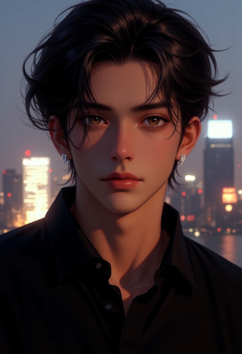 The image is a digital illustration, suggesting a night setting and adding a layer of urban coolness to the overall aesthetic. the overall impression is that of a captivating and enigmatic individual. Handsome man with brown eyes, providing a stark contrast to the man's hair and eyes. The light source is positioned on the left side of the image, and a pair of silver earrings with a sparkling diamond. The background is a soft, wearing a black shirt and a black belt. His gaze is directed straight at the camera, solo, with a focus on the interplay of light and shadow.
