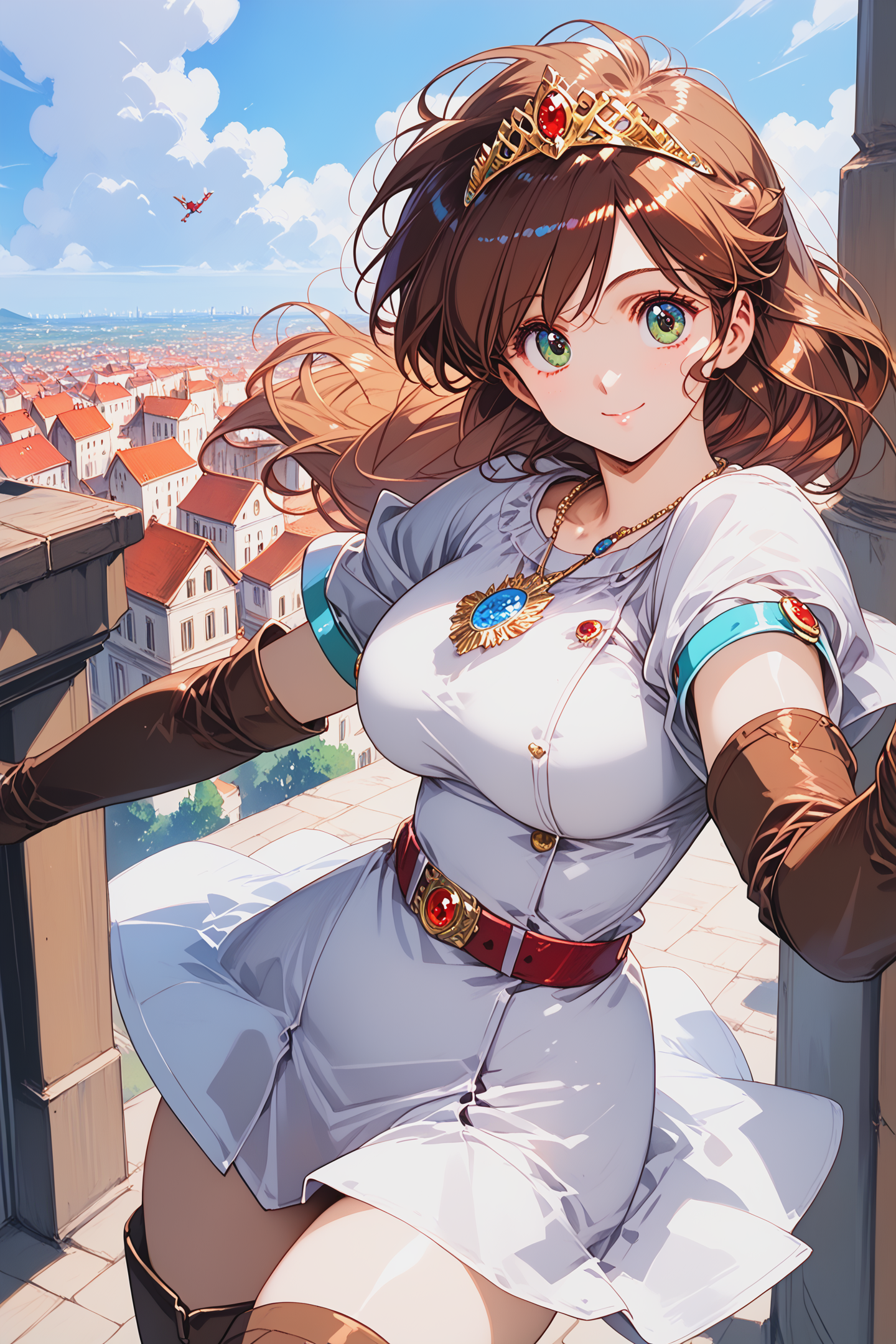 score_9, score_8_up,  score_7_up,
1girl, ki, white dress, short dress, short sleeves, belt, elbow gloves, brown gloves, fingerless gloves, thigh boots, brown thighhighs, blue necklace, ruby tiara, brown hair, 
air_flaps,
green eyes,
huge breasts,
cowboy shot,
smile,
outdoors,day,sky,aerial,cityscape,flying,floating, medieval city,
<lora:Urushihara Satoshi_XL_PONY_V2:0.8>,  <lora:style1:0.7>,  <lora:bra_embellishments_enhancer_XL_v01a:1> , <lora:pony_xl_ki:0.8>, <lora:cnv3mdde878c738thn20:0.7>,