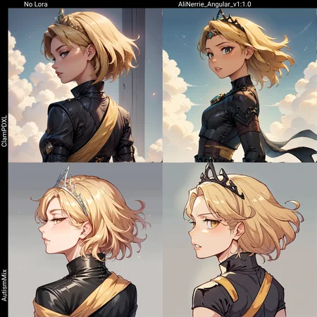 1girl, upper body, blonde chin-length bob, relaxed, parted lips, half-closed eyes, tiara, black leather gloves, yellow wrap-front shorts, looking back, rating_safe