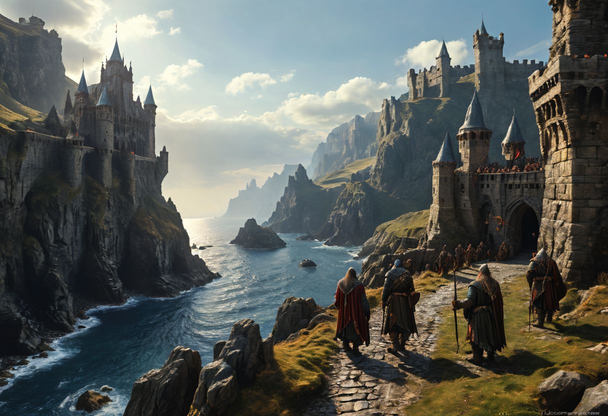 extremely detailed, hero shot, high detail, hires textures, incredibly detailed, intricate details, intricate diorama, masterpiece, outstanding intricacies, photorealism, true masterpiece, cliff background, pleasant, Stately, ( dnd fantasy, a group of humans and elves and dwarves in the foreground in a fantasy world, castle fortress on distant cliffside), with fantasy antiquity-ships in the far-distant background near horizon