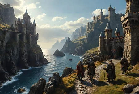 extremely detailed, hero shot, high detail, hires textures, incredibly detailed, intricate details, intricate diorama, masterpiece, outstanding intricacies, photorealism, true masterpiece, cliff background, pleasant, Stately, ( dnd fantasy, a group of humans and elves and dwarves in the foreground in a fantasy world, castle fortress on distant cliffside), with fantasy antiquity-ships in the far-distant background near horizon