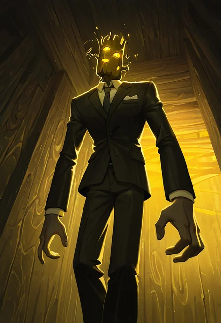 masterpiece, best quality, amazing quality, very aesthetic, absurdres, newest, cinematic, movie scene, foreground blur, volumetric lighting
creaking, no humans, standing, monster, glowing eyes, yellow eyes, solo, 3 eyes, yellow sclera, wooden body,
wearing suit, fancy suit, loose tie, black coat in hands, thirst trap, avoiding eye contact, holding sleeve cuffs, yellow background, from below, fan art,