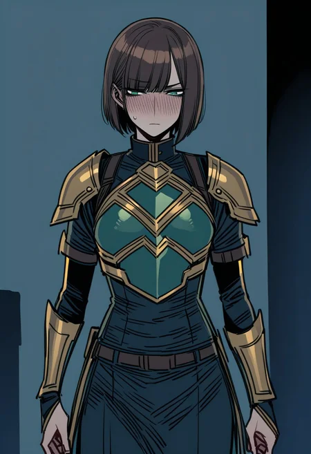 ratatatat74, 1girl, adult, tall girl, (short hair, dark dark brown hair), side-swept hair, straight hair, mature, highly detailed, high quality, detailed face, jade green eyes
BREAK
yellow chrome armor, light armed, breast plate, sword belt
BREAK
shame, blush, look down
BREAK
indoors, living room, lamp in background