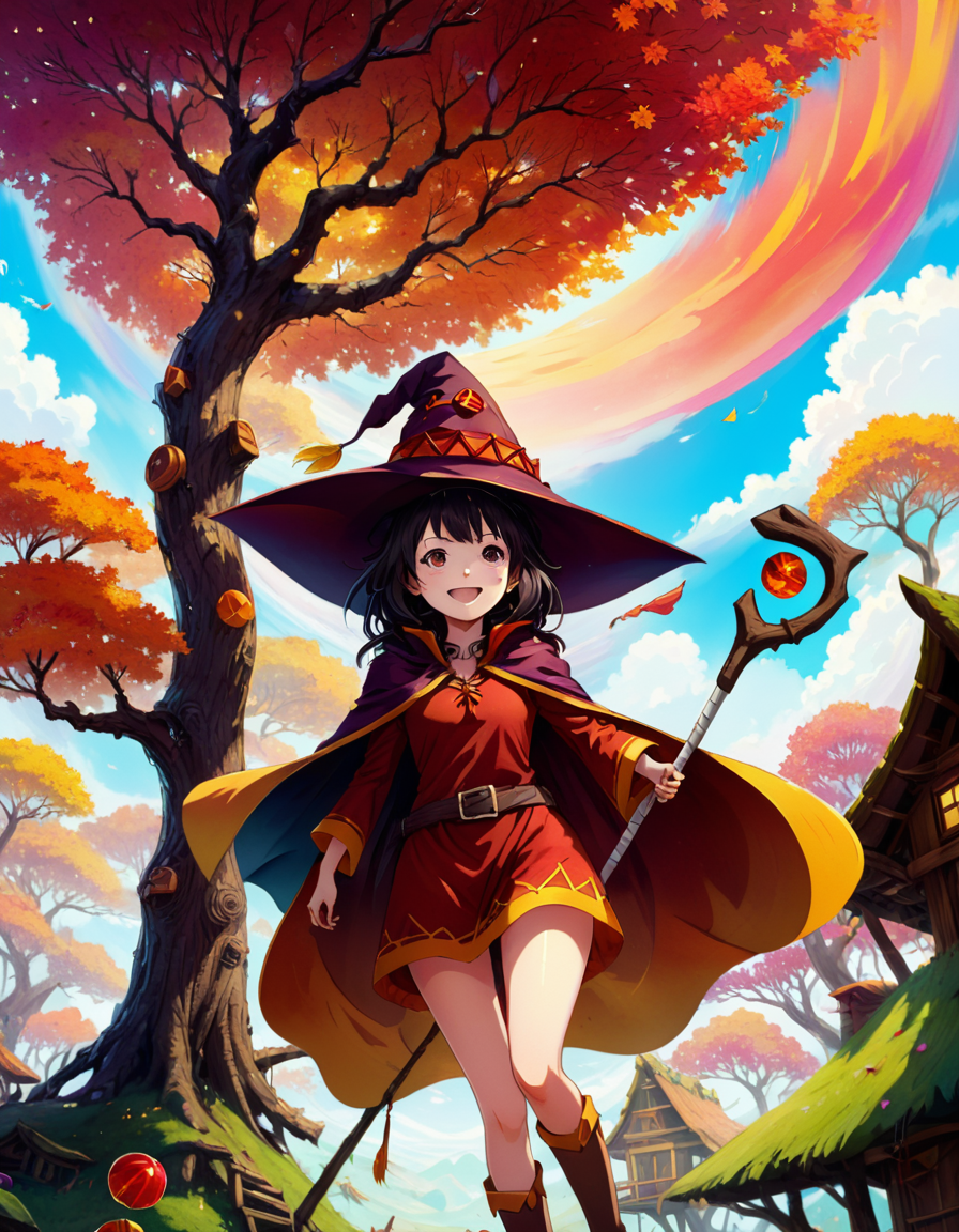 Color Field Painting 1girl megumin with witch hat and cape and one staff, from below, smiling , 
inside Treehouses Temple in Candyland, Windy and gusty Weather Boundless sky at Morning light
 <lora:MeguminXL_v2.5:1>, <lora:SDXL - Wrong:1>, ZIP2D , abstract, simple, geometic, color field painting style